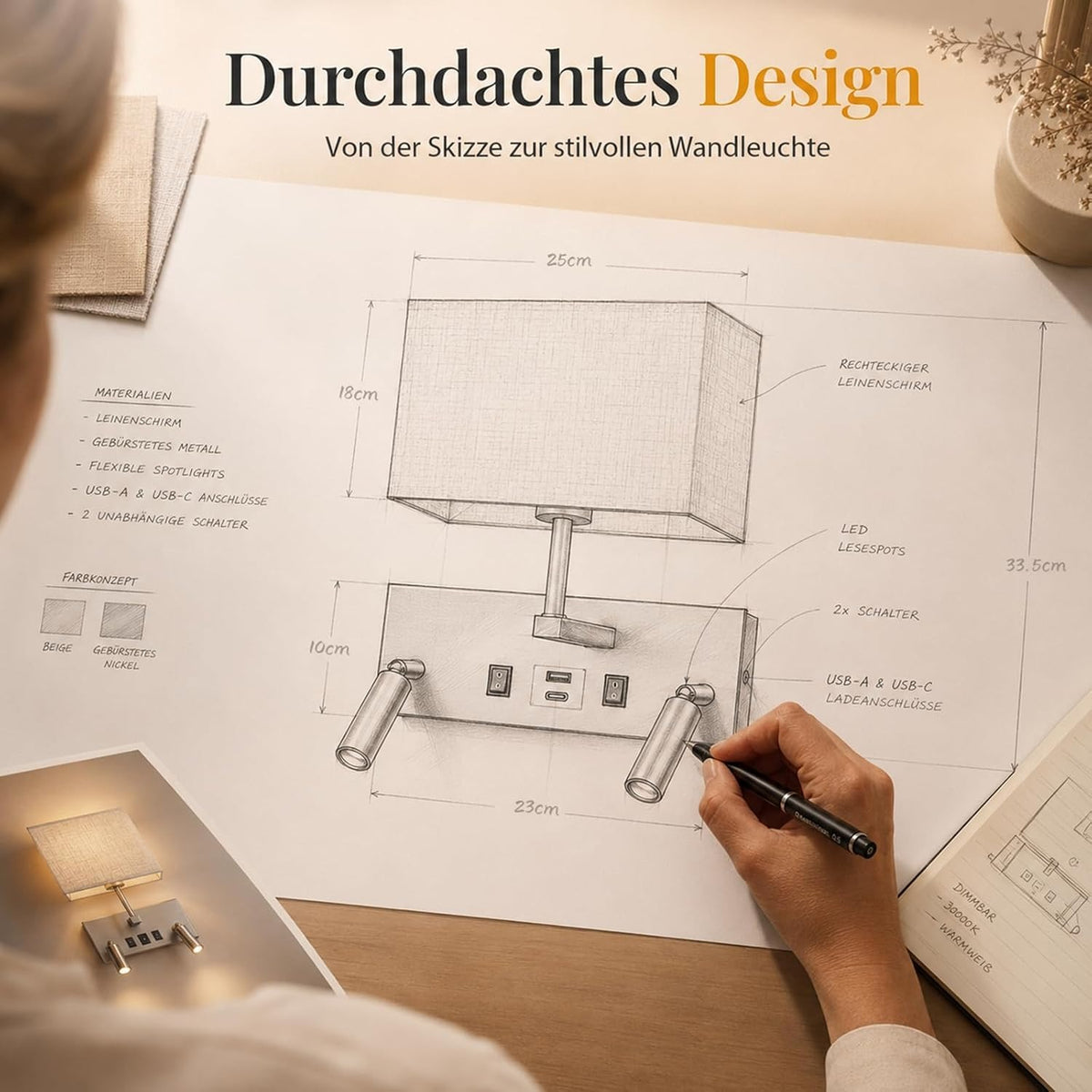 ZMH Wandleuchte innen mit Schalter Modern E27 Stoffschirm Design Wandlampe