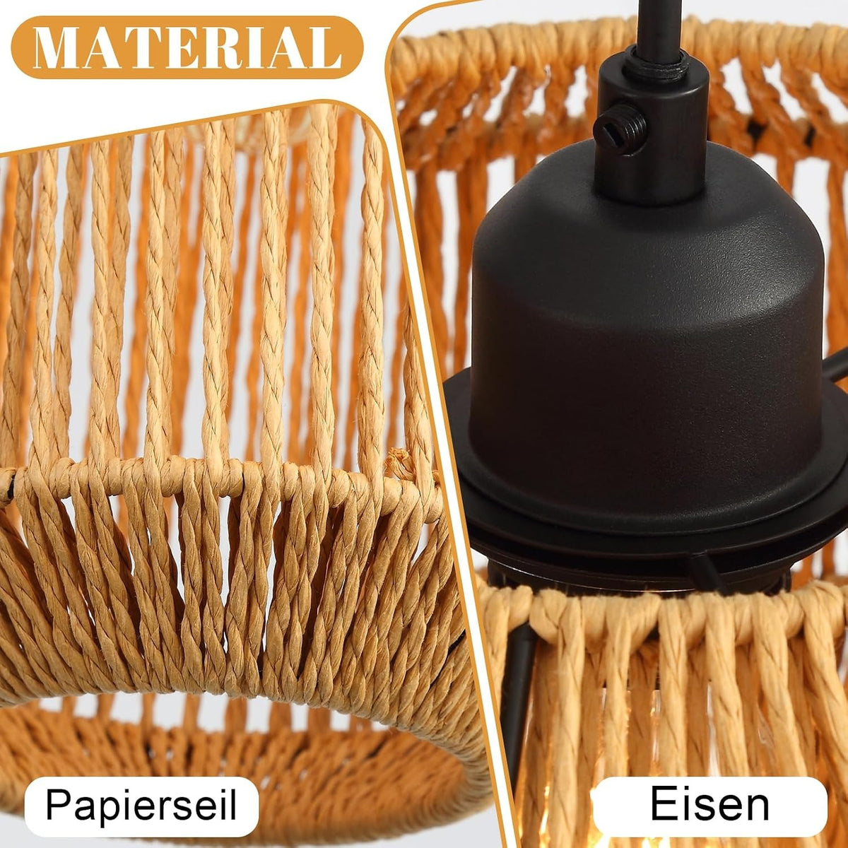 ZMH Pendelleuchte Boho Hängelampe Rattan Lampe Hängend Höhenverstellbar