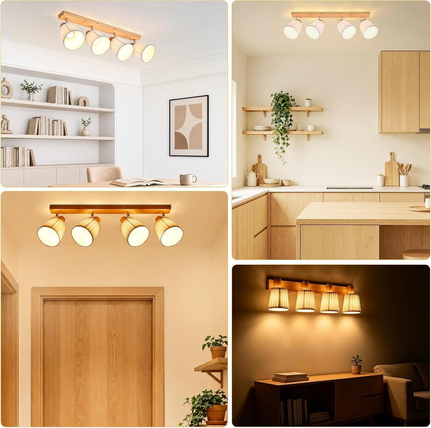 ZMH Deckenstrahler 4 Flammig Holz Deckenleuchte Deckenlampe Vintage | Schlafzimmerlampe E14 Boho mit Weiß Stoffschirm Retro drehbar 350°