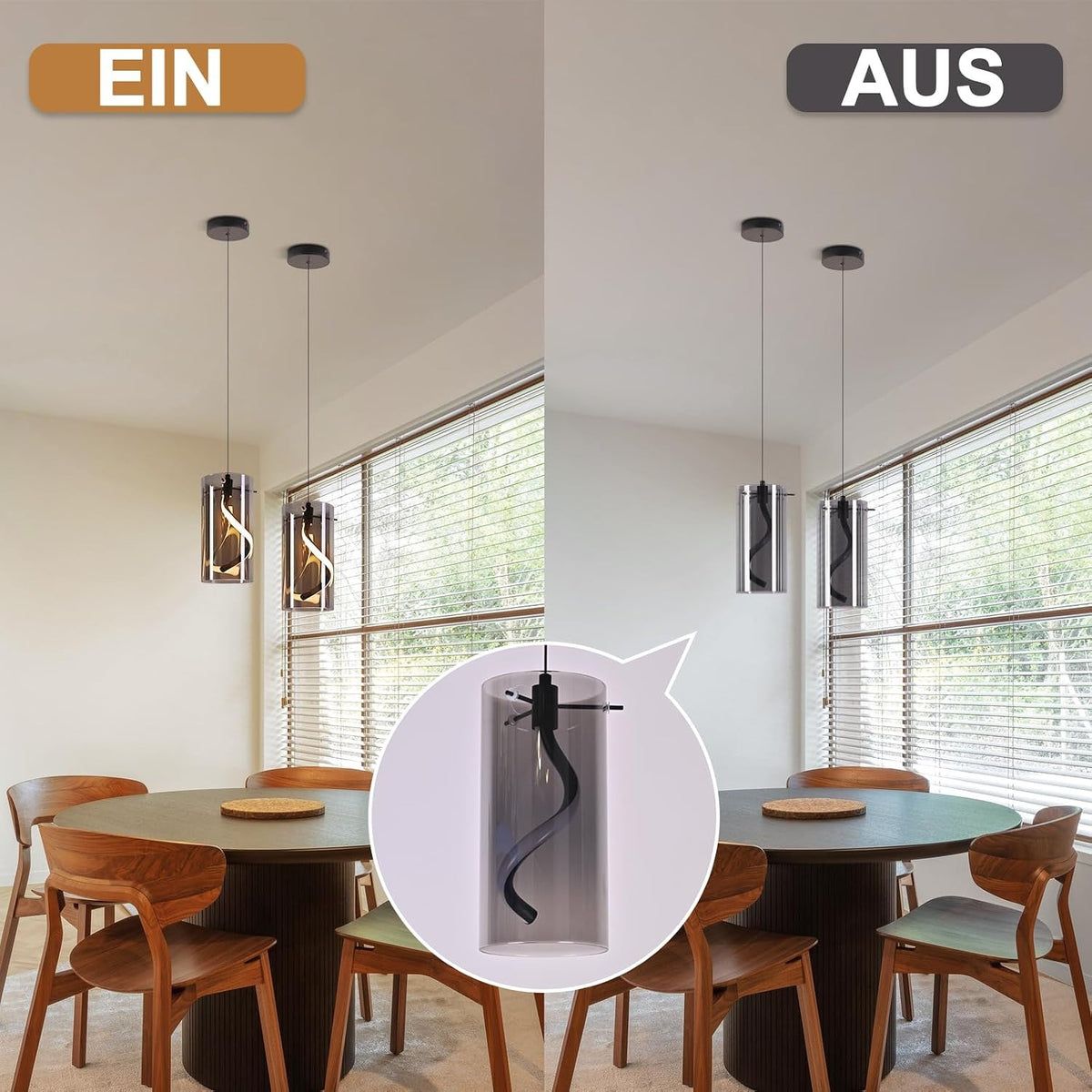 ZMH LED Hängelampe Esstisch 3-flammig 33W Hängelampe aus Rauchglas