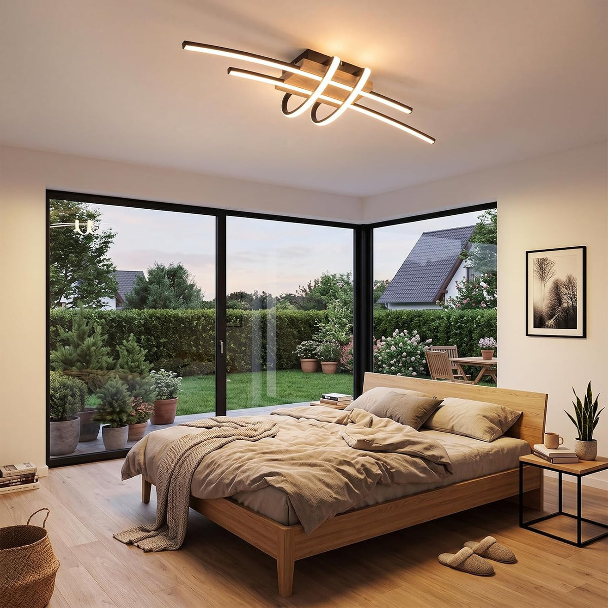 ZMH LED Deckenlampe Wohnzimmer Holz Deckenleuchte Schwarz Wohnzimmerlampe