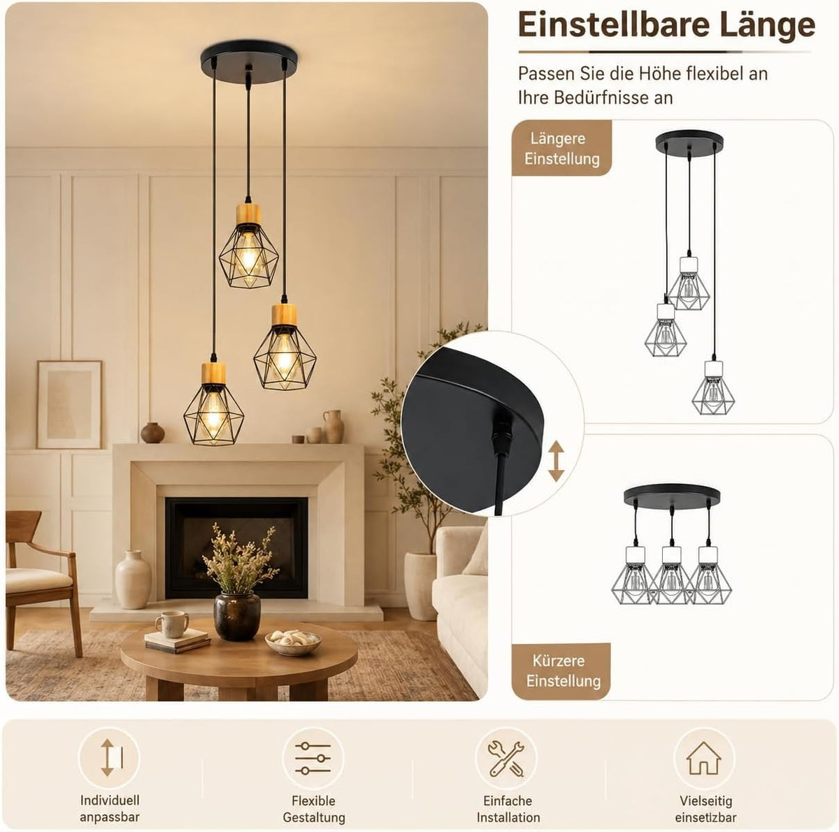 ZMH Pendelleuchte Esstisch Hängelampe Vintage - 3 Flammig Hängend Holz