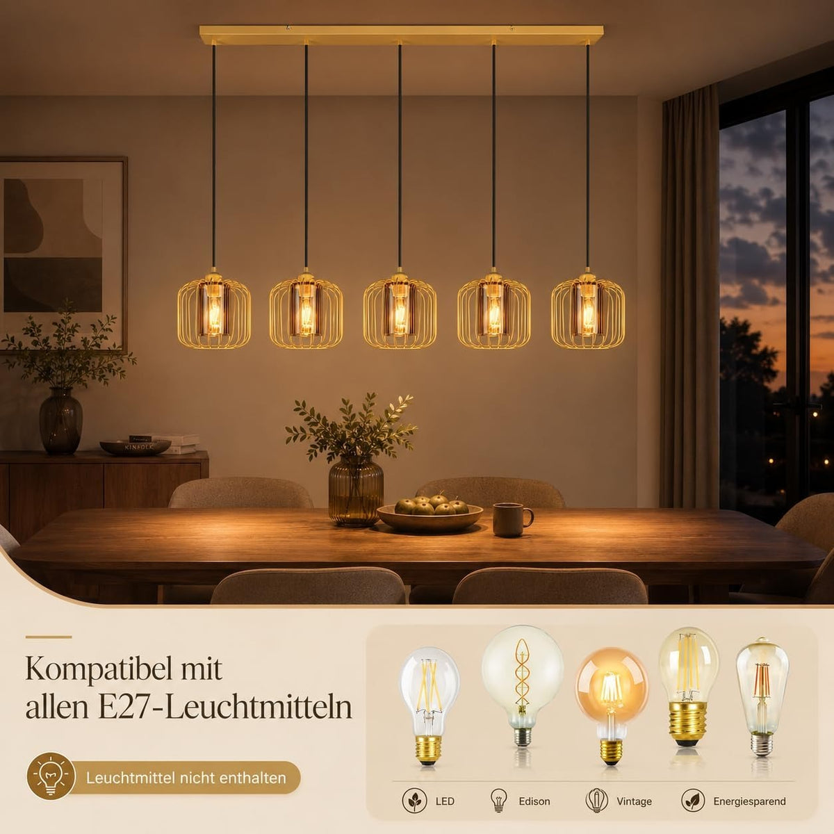 ZMH Pendelleuchte Esstisch Hängeleuchte Rauchgrauglas Vintage 100CM
