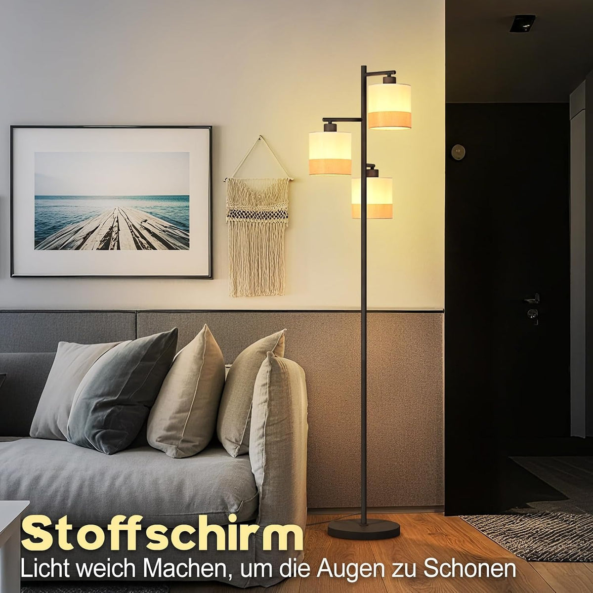 ZMH Stehlampe Wohnzimmer Stehleuchte Vintage Stoff Standlampe 3 Flammig