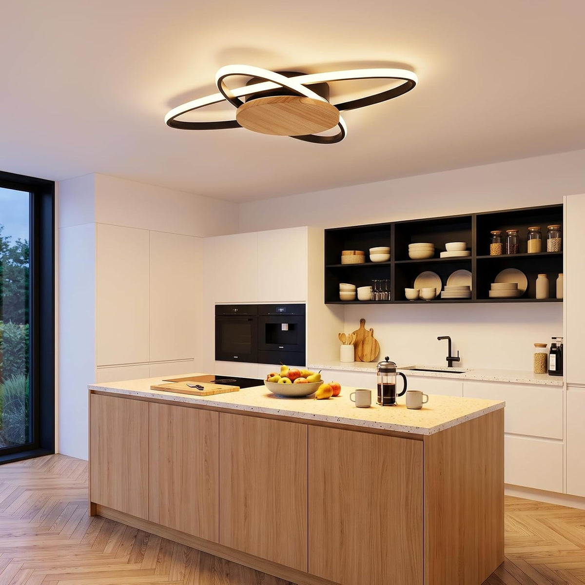ZMH Deckenlampe LED Holz Deckenleuchte Wohnzimmer 37W Schwarz Küchenlampe
