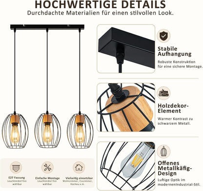 ZMH Hängelampe Vintage Pendelleuchte Esstisch - 3 flammig Esstischlampe