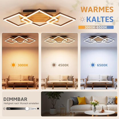 ZMH LED Deckenleuchte Holz Deckenlampe Wohnzimmer Dimmbar 3 Eckige Modern
