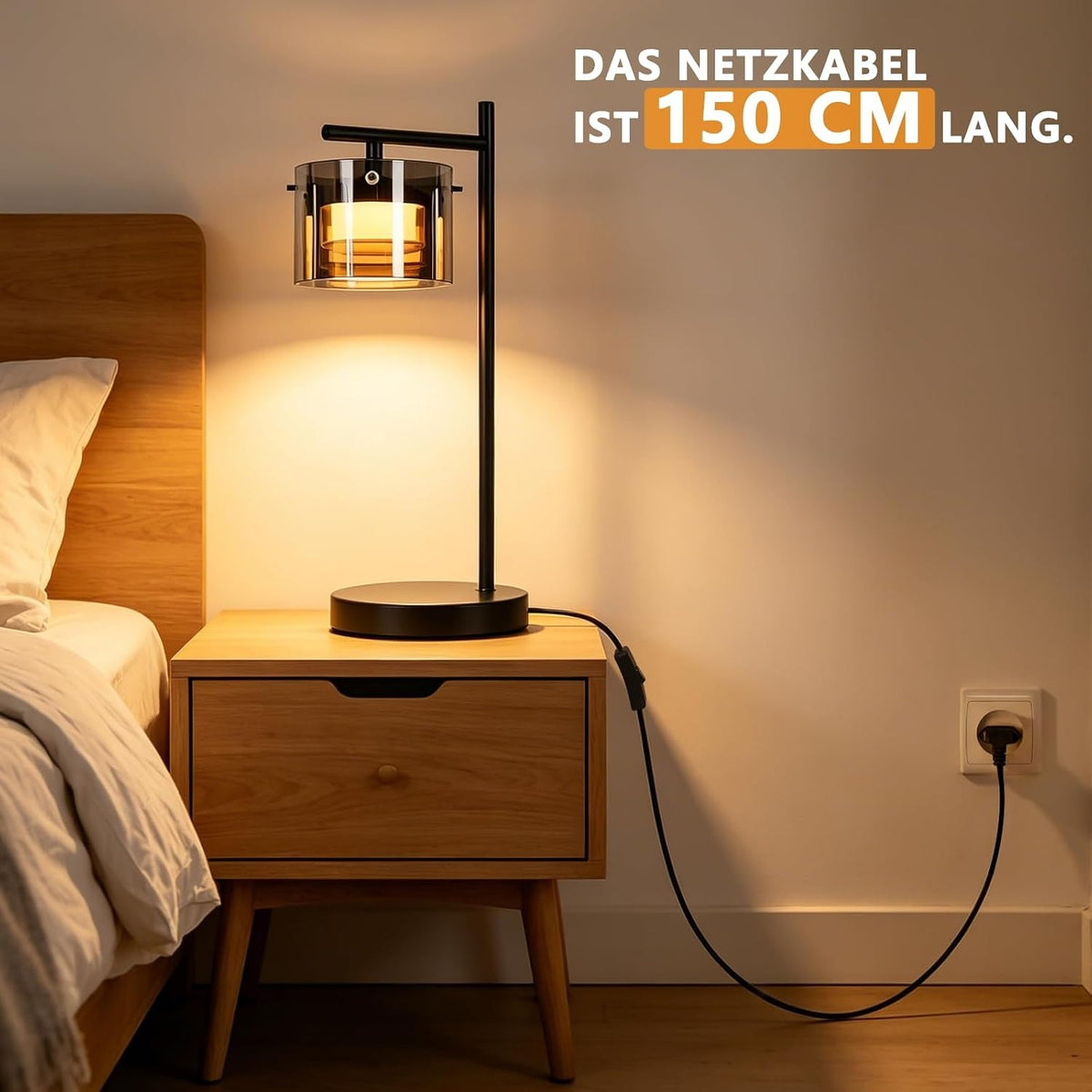 ZMH LED Tischlampe mit kabel: Schwarz Nachttischlampe aus Rauchglas und