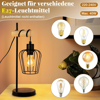 ZMH Tischlampe Wohnzimmer Holz Tischleuchte Vintage: Schwarz Nachttischlampe 1 flammig im Industrial Design aus Metall E27 Fassung Retro Nachttischleuchte