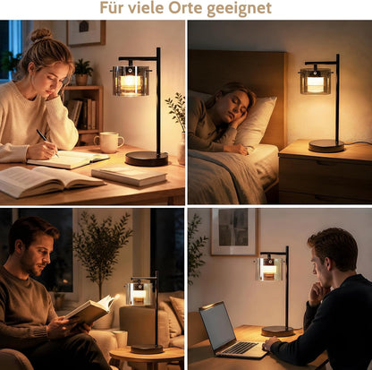 ZMH LED Tischlampe mit kabel: Schwarz Nachttischlampe aus Rauchglas und