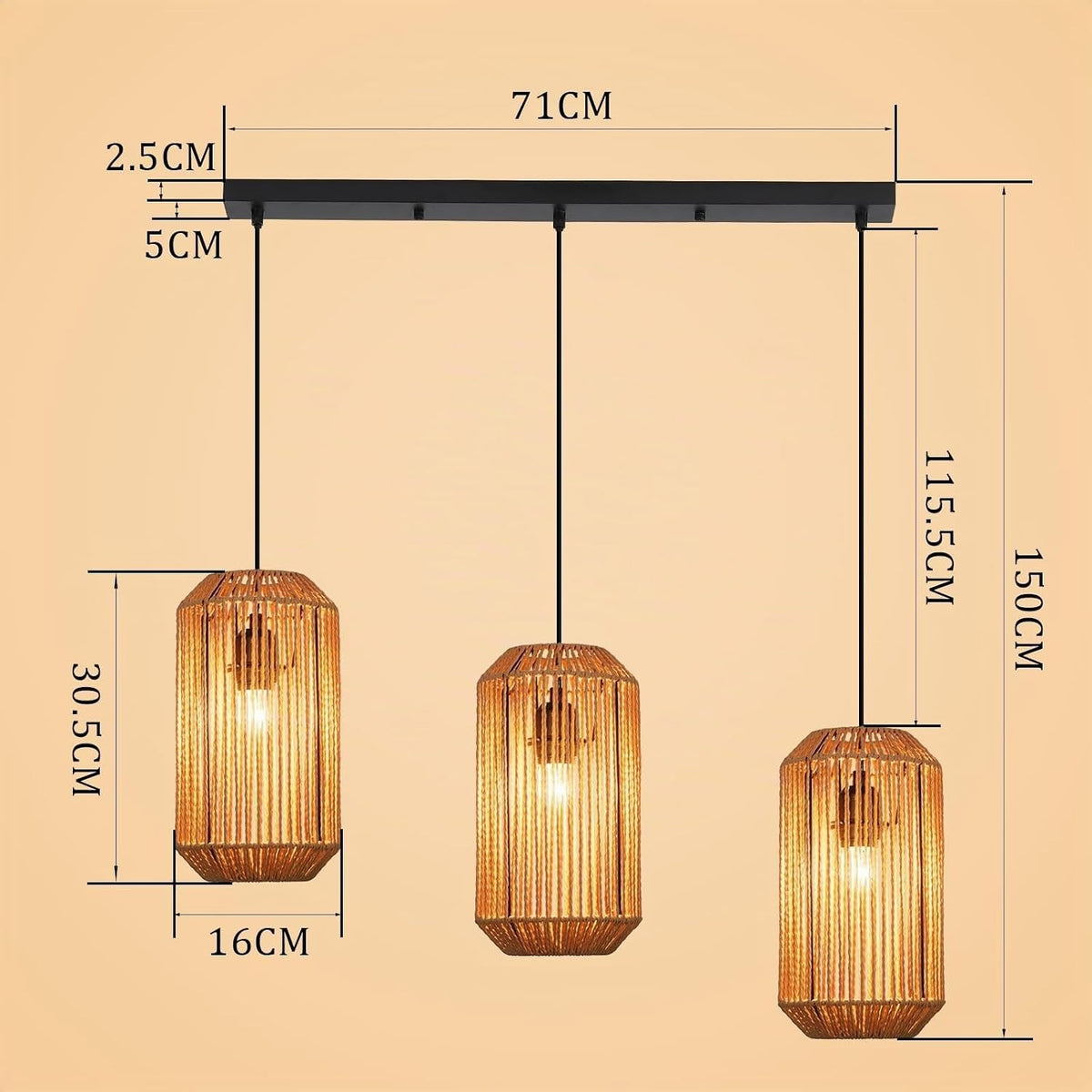 ZMH Pendelleuchte Boho Hängelampe Rattan Lampe Hängend Höhenverstellbar