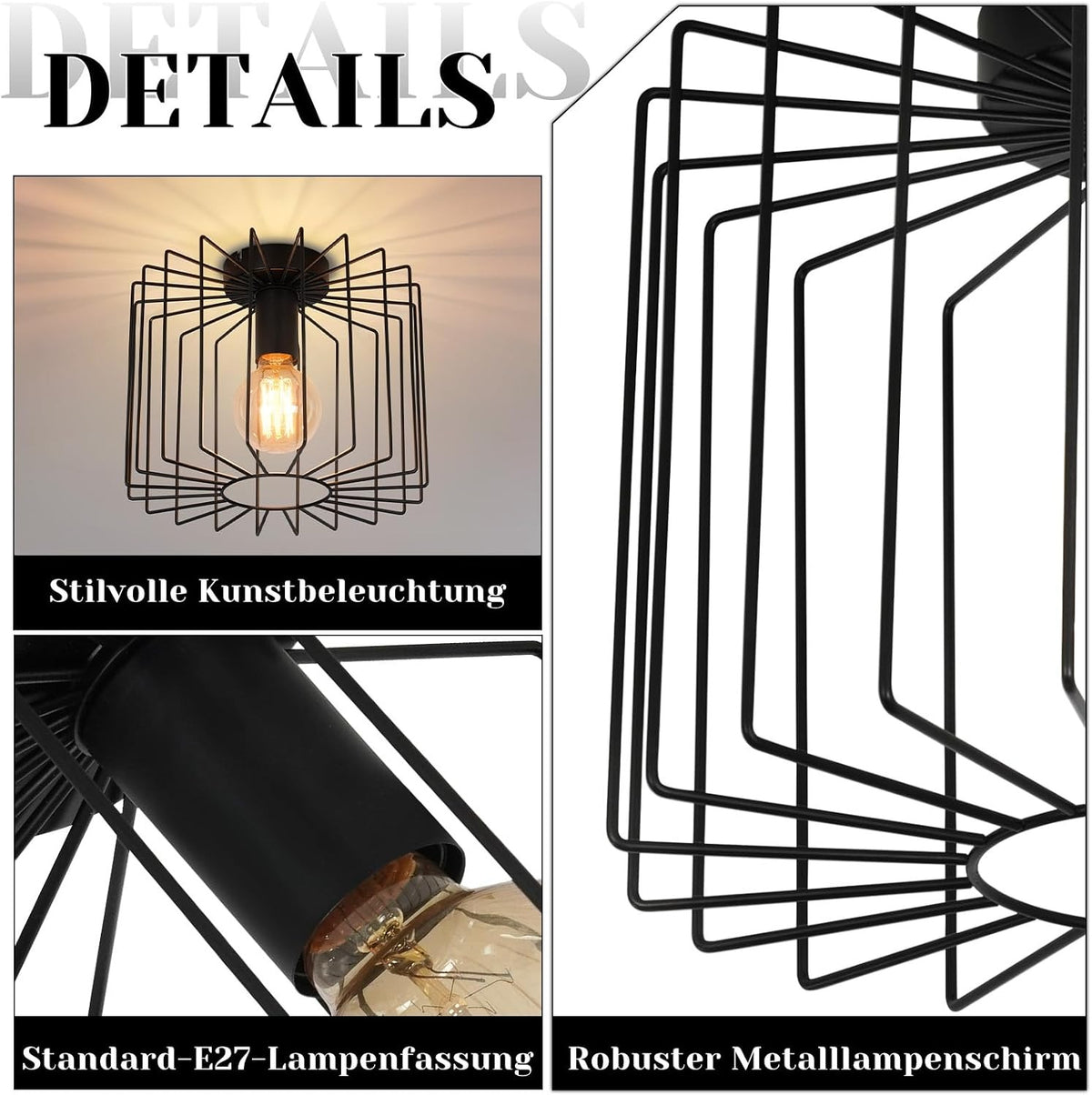 ZMH Deckenlampe Flur Deckenleuchte Vintage: Schwarz Metall Flurlampe Decke E27 Käfig Küchenlampe Retro Ø27CM Industrial Innen Deckenbeleuchtung für Küche Schlafzimmer Wohnzimmer Balkon Eingang