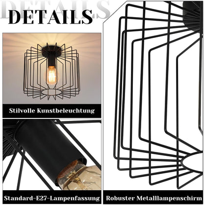 ZMH Deckenlampe Flur Deckenleuchte Vintage: Schwarz Metall Flurlampe Decke E27 Käfig Küchenlampe Retro Ø27CM Industrial Innen Deckenbeleuchtung für Küche Schlafzimmer Wohnzimmer Balkon Eingang