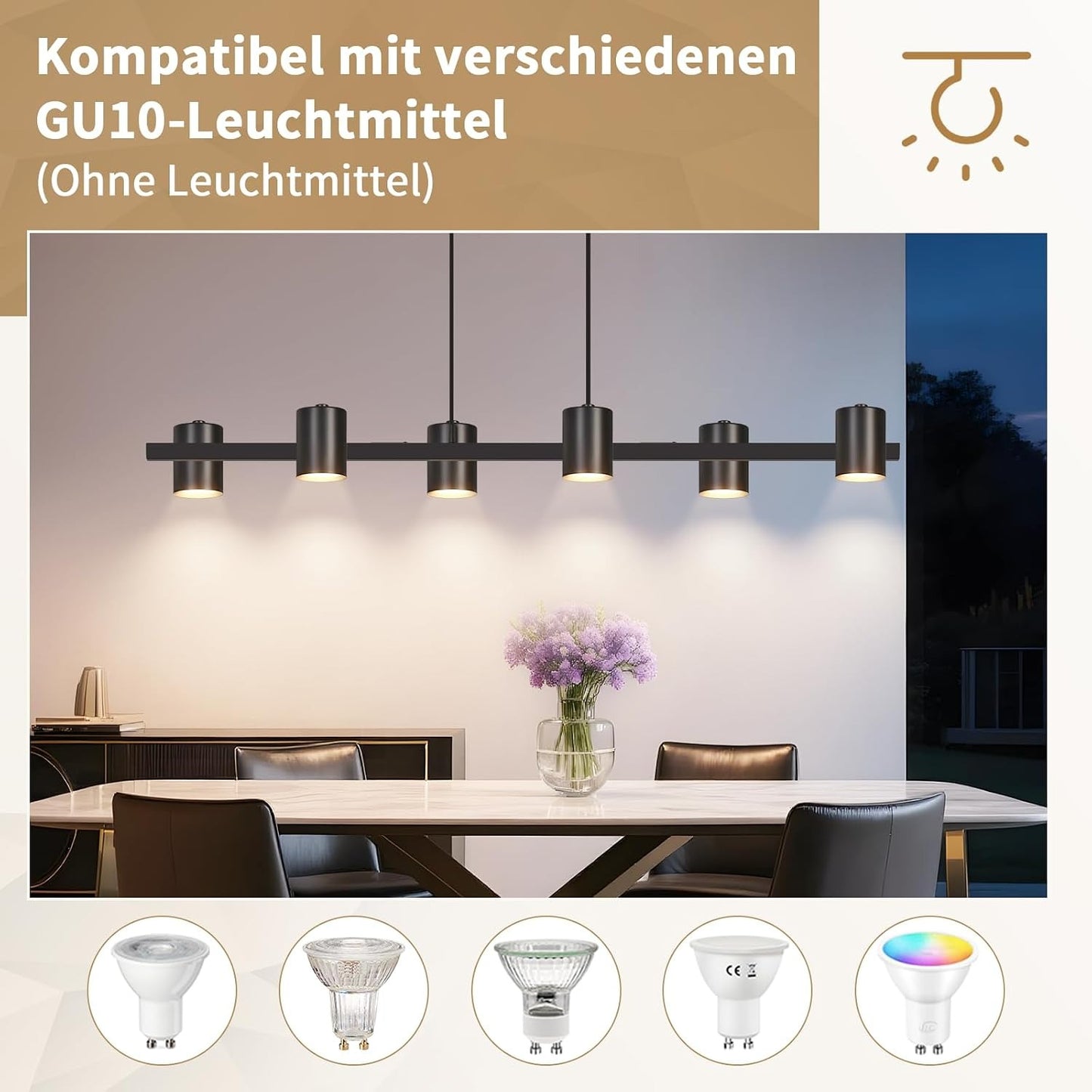 ZMH Pendelleuchte Esstisch Hängelampe Schwarz - 6 Flammig Hängend