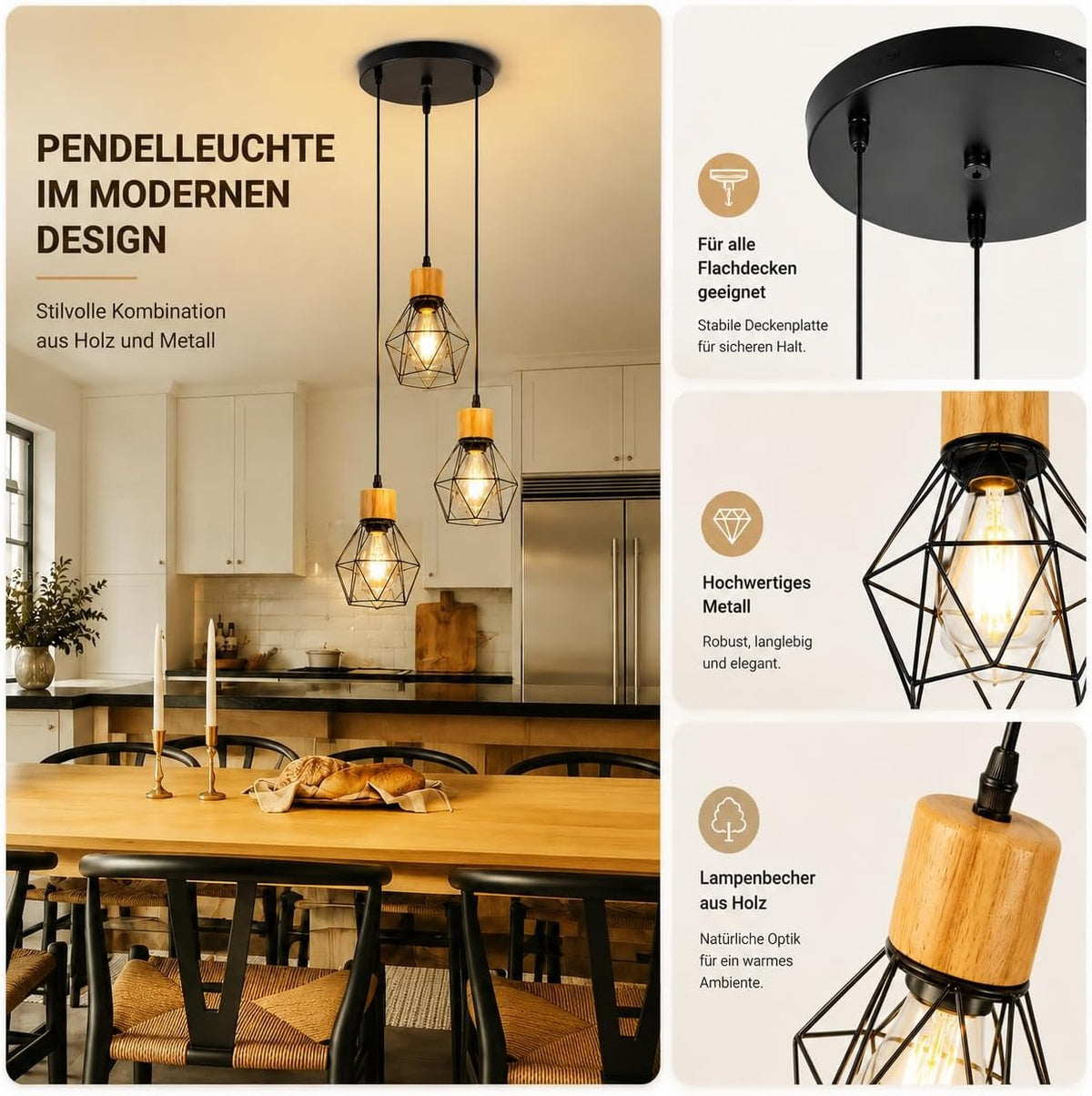 ZMH Pendelleuchte Esstisch Hängelampe Vintage - 3 Flammig Hängend Holz