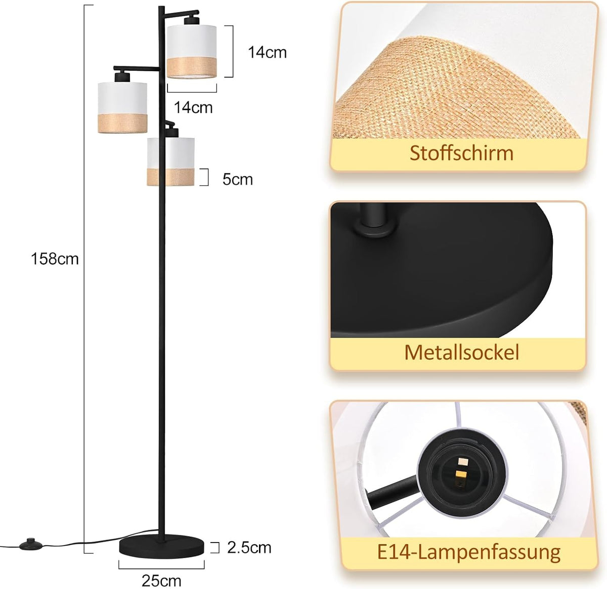 ZMH Stehlampe Wohnzimmer Stehleuchte Vintage Stoff Standlampe 3 Flammig