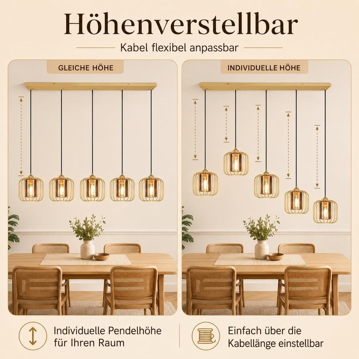 ZMH Pendelleuchte Esstisch Hängeleuchte Rauchgrauglas Vintage 100CM