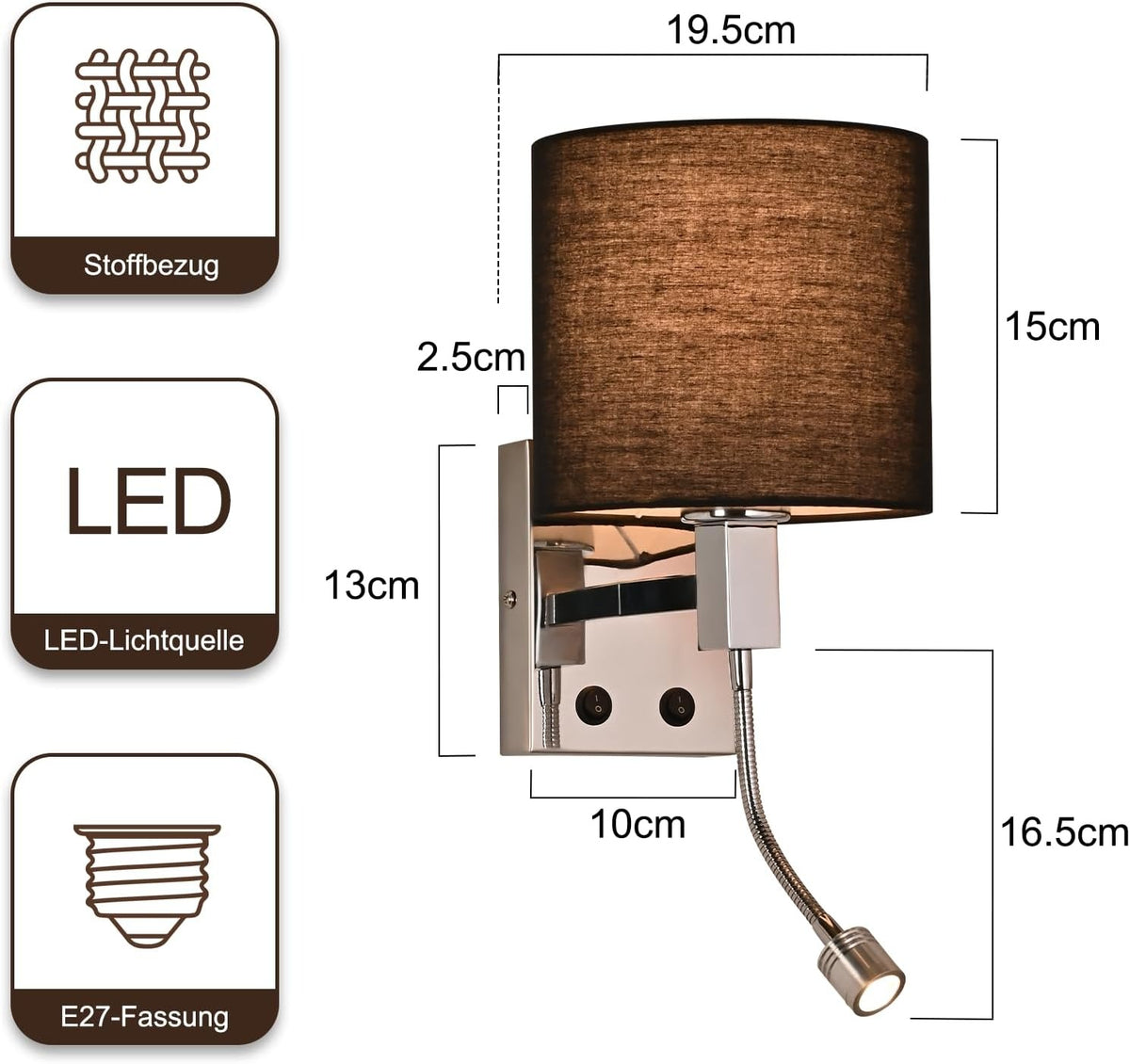 ZMH Wandlampe Innen Wandleuchte Schwarz Schlafzimmer Rund Wandstrahler