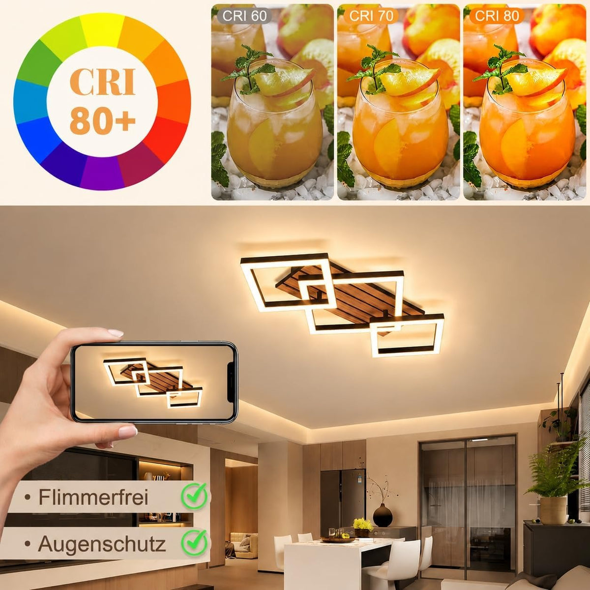 ZMH LED Deckenleuchte Wohnzimmer Deckenlampe 58CM Schwarz Wohnzimmerlampe