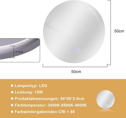 Badspiegel mit Beleuchtung Badezimmerspiegel Rund - Runder 50cm Bad Spiegel mit Beleuchtet LED Badezimmer Rundspiegel mit Licht Dimmbar Wandspiegel Touch-Schalter Entfogger-Funktion