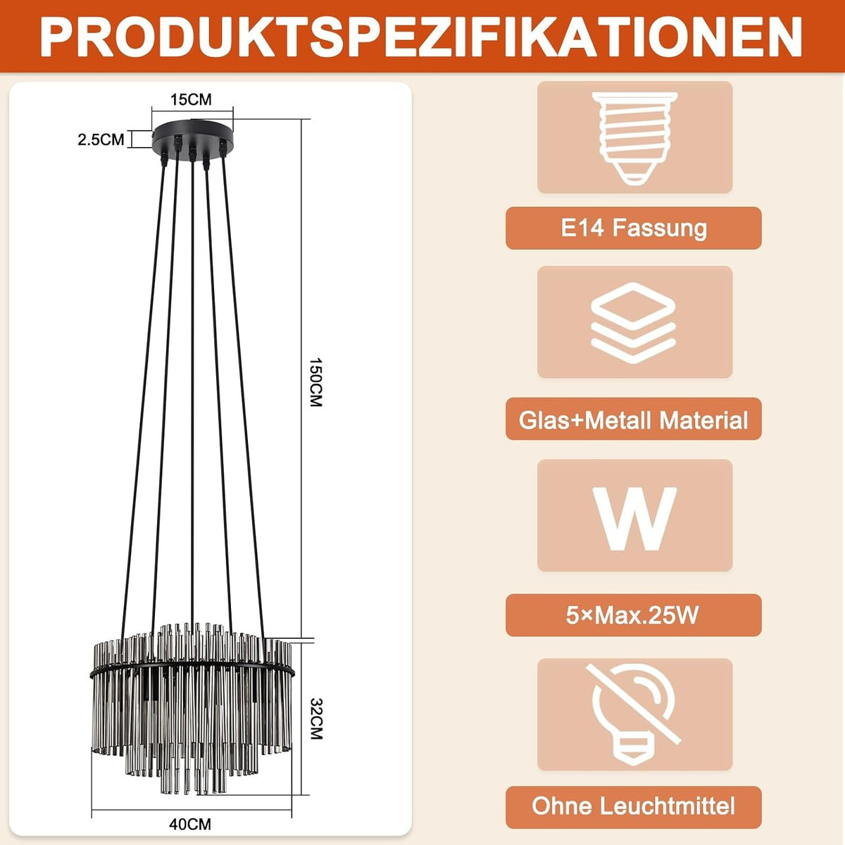 ZMH Hängelampe 5 Flammig Pendelleuchte Glas Hängeleuchte Modern