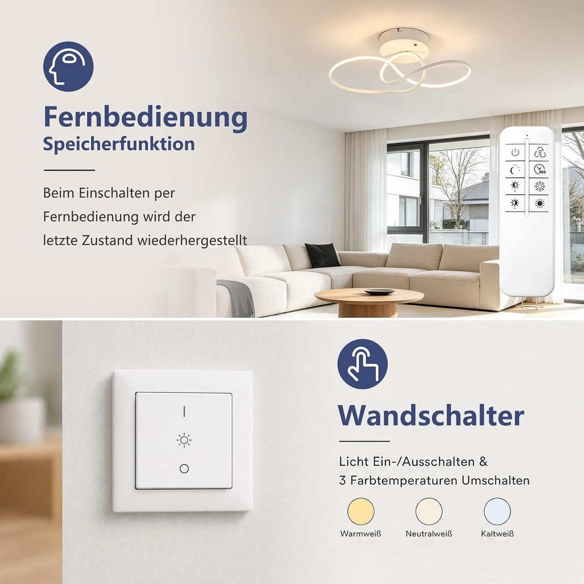 ZMH LED Deckenlampe Schlafzimmer Deckenleuchte 24W Modern Küchenlampe Weiß
