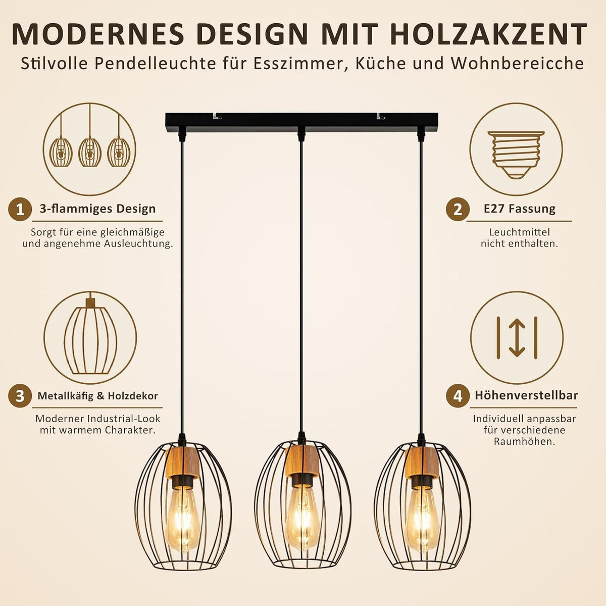 ZMH Hängelampe Vintage Pendelleuchte Esstisch - 3 flammig Esstischlampe