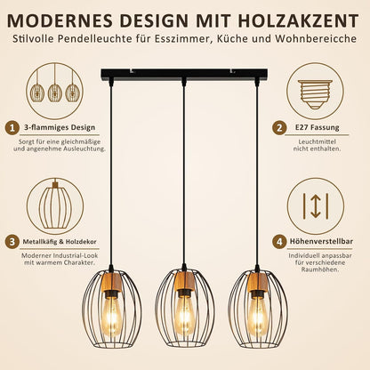 ZMH Hängelampe Vintage Pendelleuchte Esstisch - 3 flammig Esstischlampe