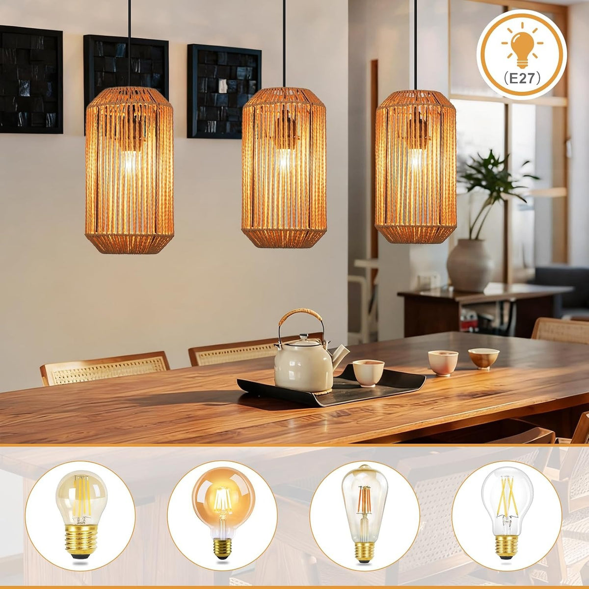 ZMH Pendelleuchte Boho Hängelampe Rattan Lampe Hängend Höhenverstellbar
