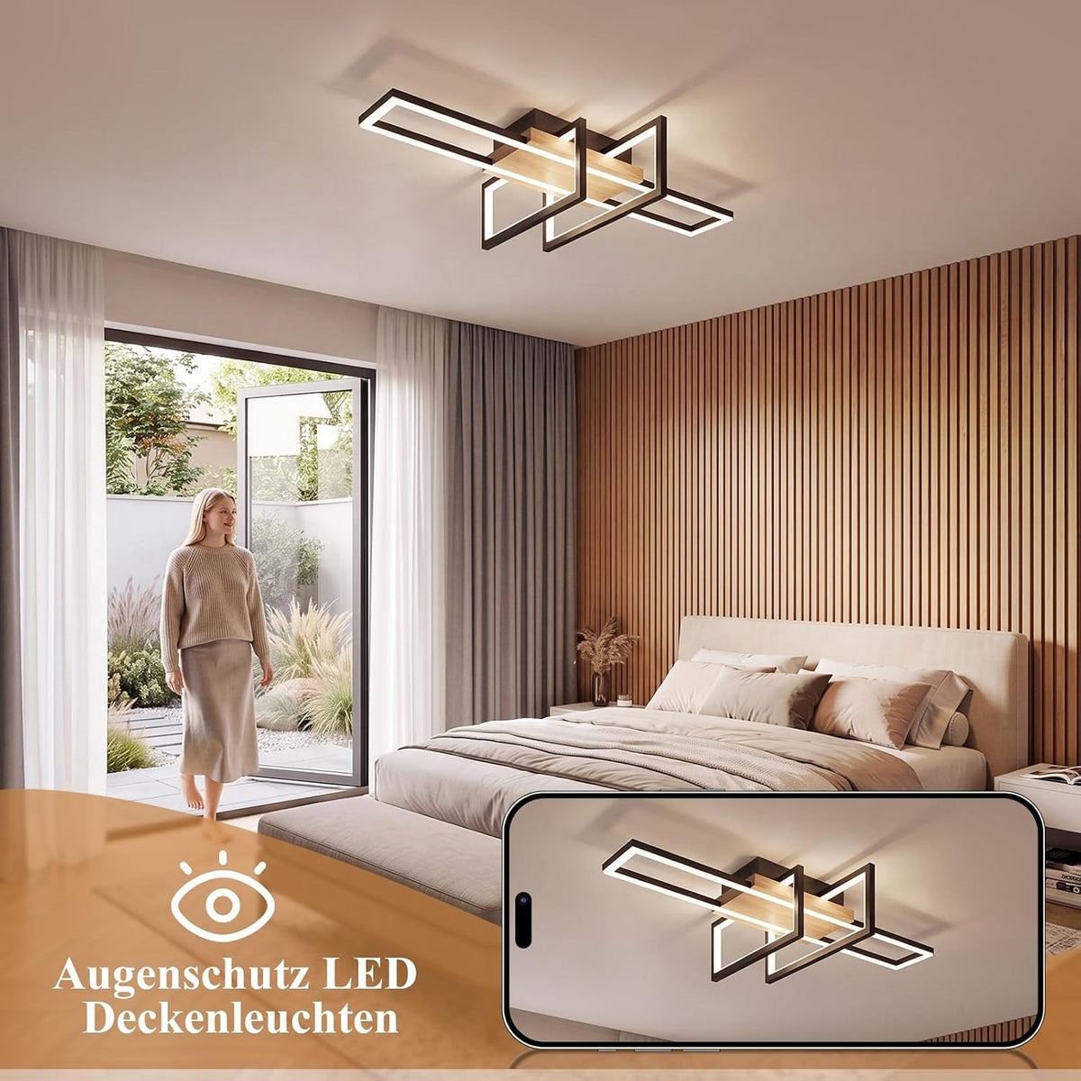 ZMH LED Deckenleuchte Wohnzimmer Holz Deckenlampe Schwarz Schlafzimmerlampe