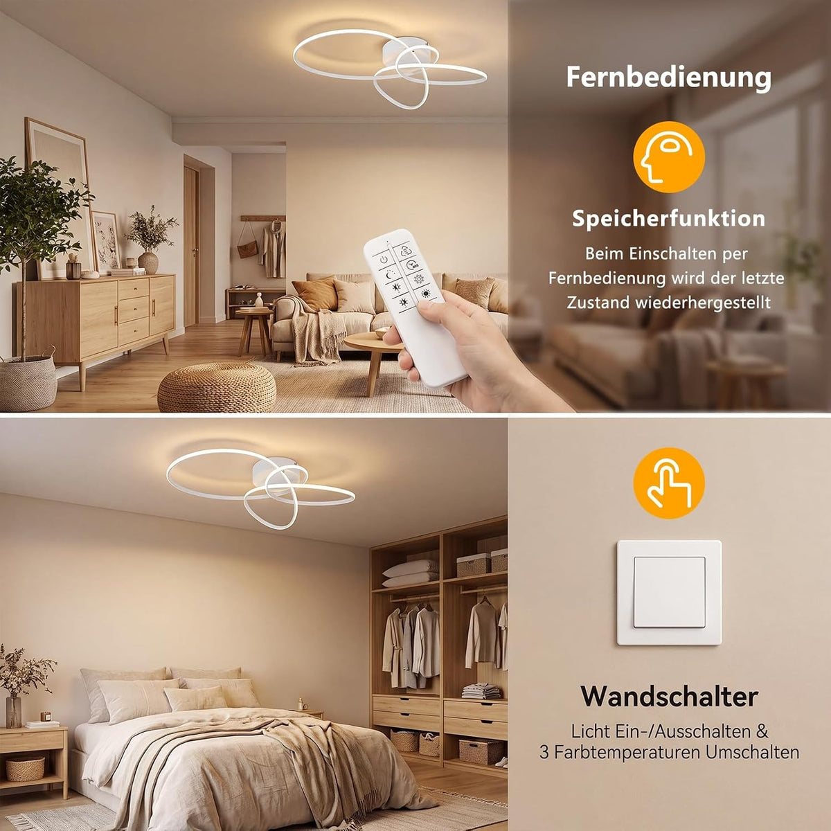 ZMH LED Deckenlampe Wohnzimmer Deckenleuchte 30W Modern Schlafzimmerlampe