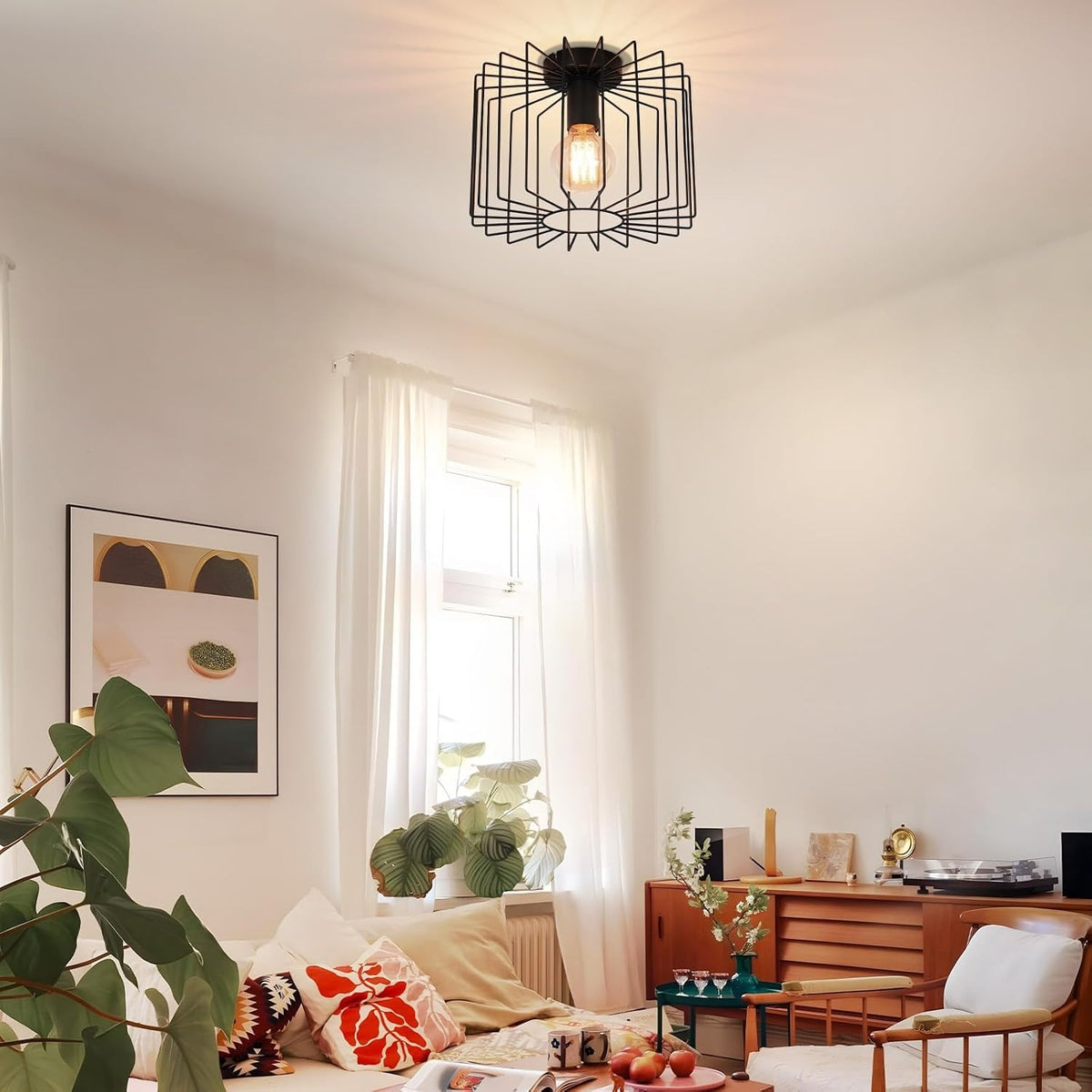 ZMH Deckenlampe Flur Deckenleuchte Vintage: Schwarz Metall Flurlampe Decke E27 Käfig Küchenlampe Retro Ø27CM Industrial Innen Deckenbeleuchtung für Küche Schlafzimmer Wohnzimmer Balkon Eingang