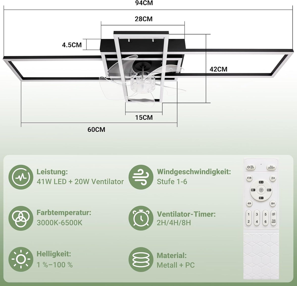 ZMH Deckenventilator mit Beleuchtung Deckenleuchte LED Deckenlampe
