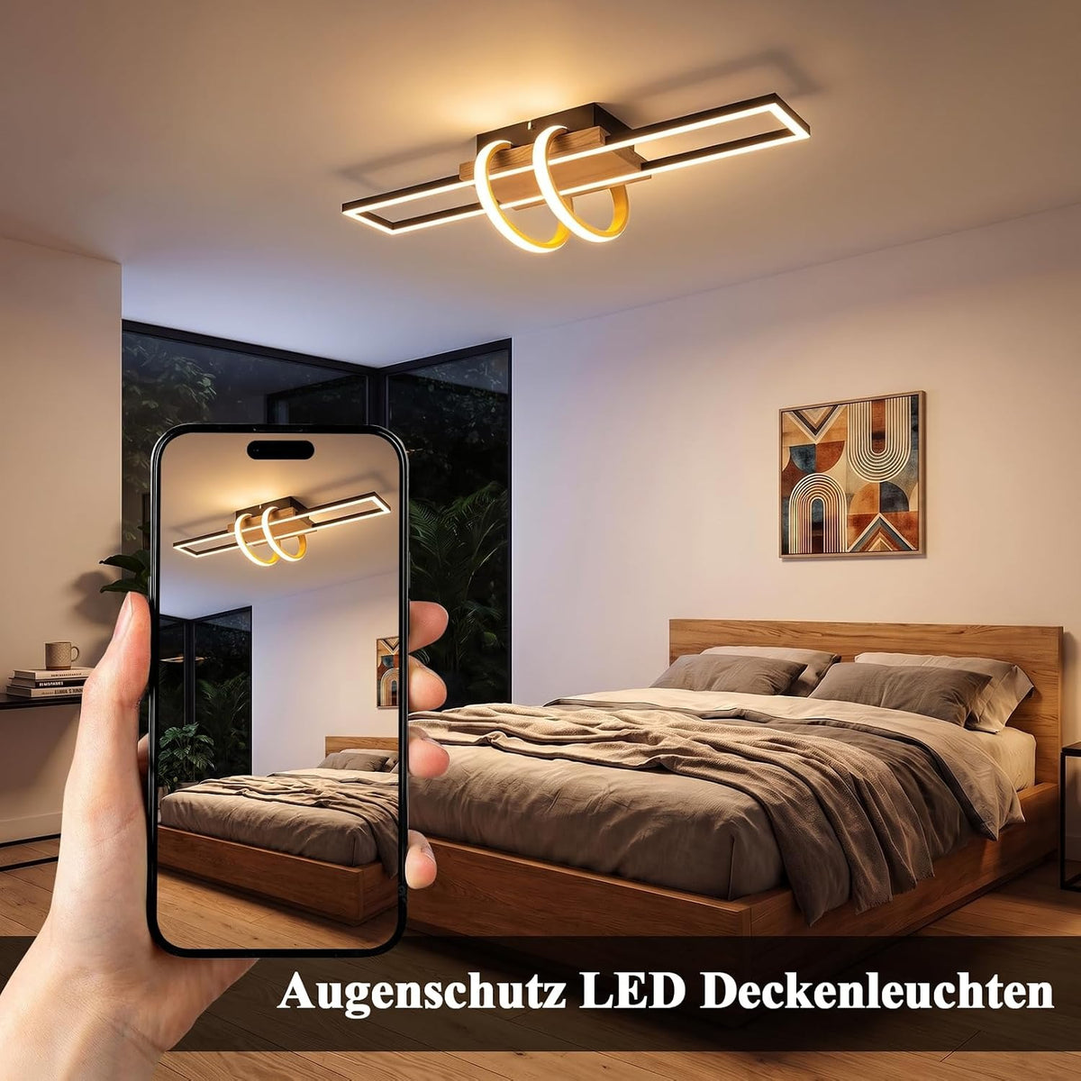 ZMH Deckenlampe LED Deckenleuchte Schlafzimmer Holz Schwarz Wohnzimmerlampe