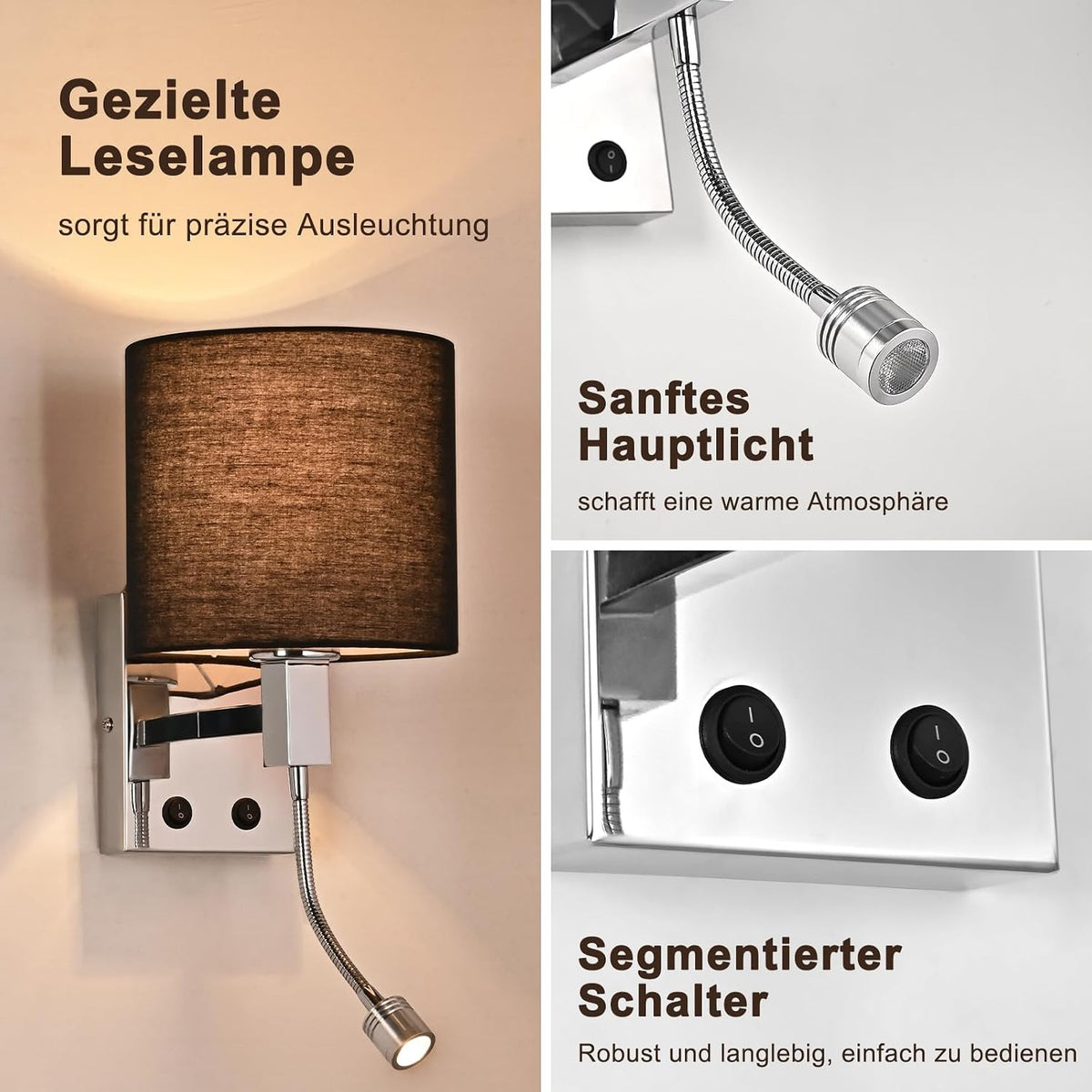 ZMH Wandlampe Innen Wandleuchte Schwarz Schlafzimmer Rund Wandstrahler
