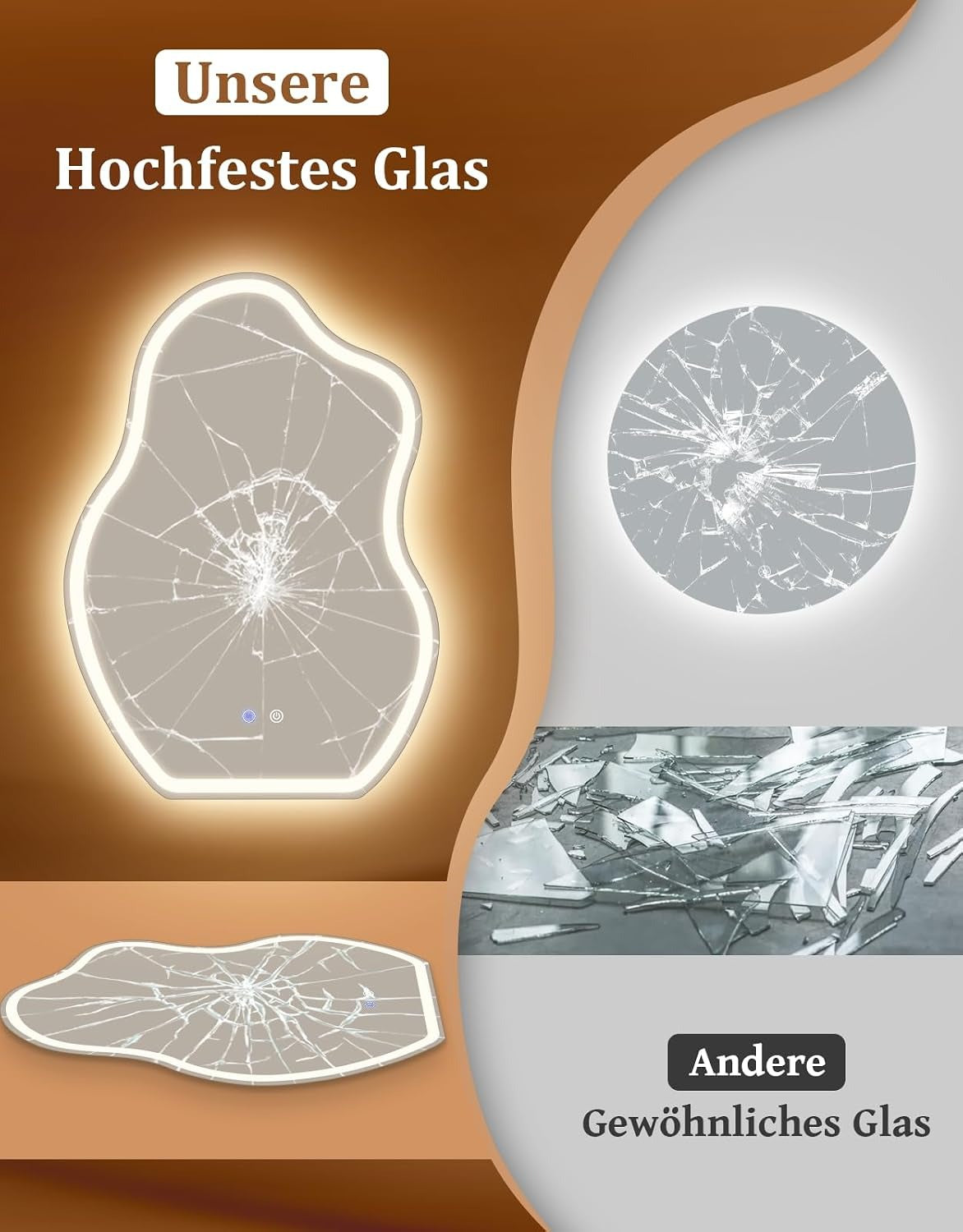 ZMH Asymmetrisch Badspiegel Mit Beleuchtung,60x80cm LED Bad Wandspiegel