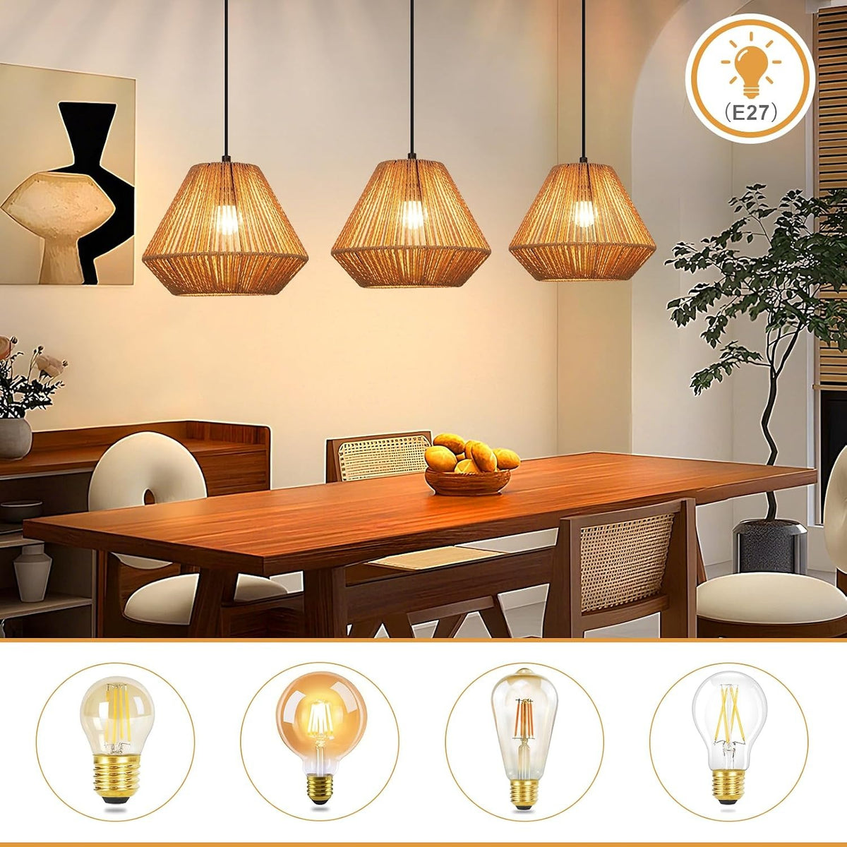 ZMH Pendelleuchte Boho Hängelampe Rattan Lampe Hängend Höhenverstellbar