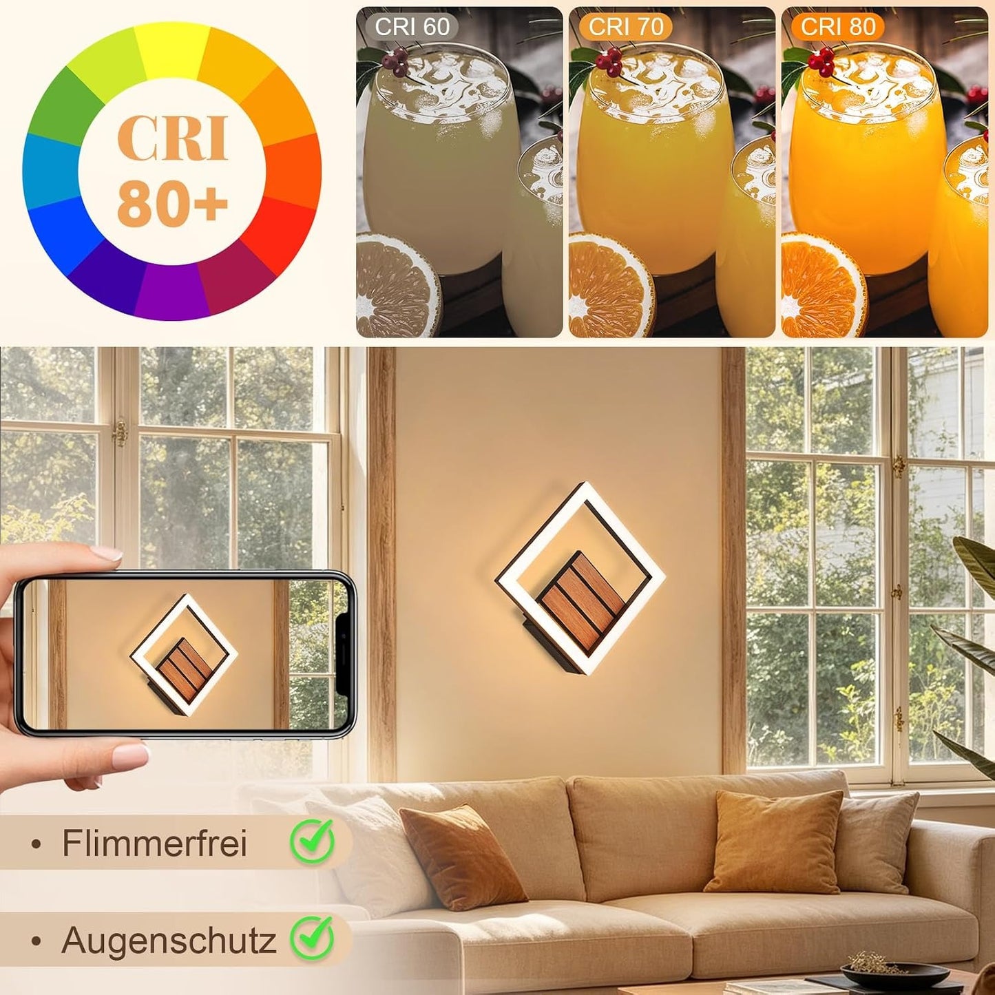 ZMH LED Wandleuchte Innen 17CM Wandlampe in Holzoptik Modern Flurlampe