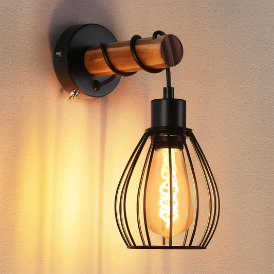 ZMH Wandleuchte mit Schalter Wandlampe Vintage: Holz Wandbeleuchtung Schwarz E27 industrial Wandstrahler aus Metall Retro Bettlampe für Wohnzimmer Schlafzimmer Flur Restaurant - Ohne Leuchtmittel
