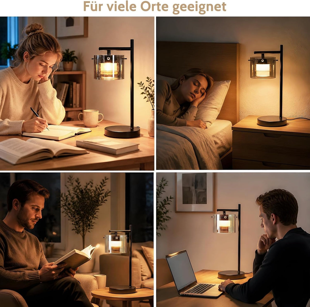 ZMH LED Tischlampe mit kabel: Schwarz Nachttischlampe aus Rauchglas und