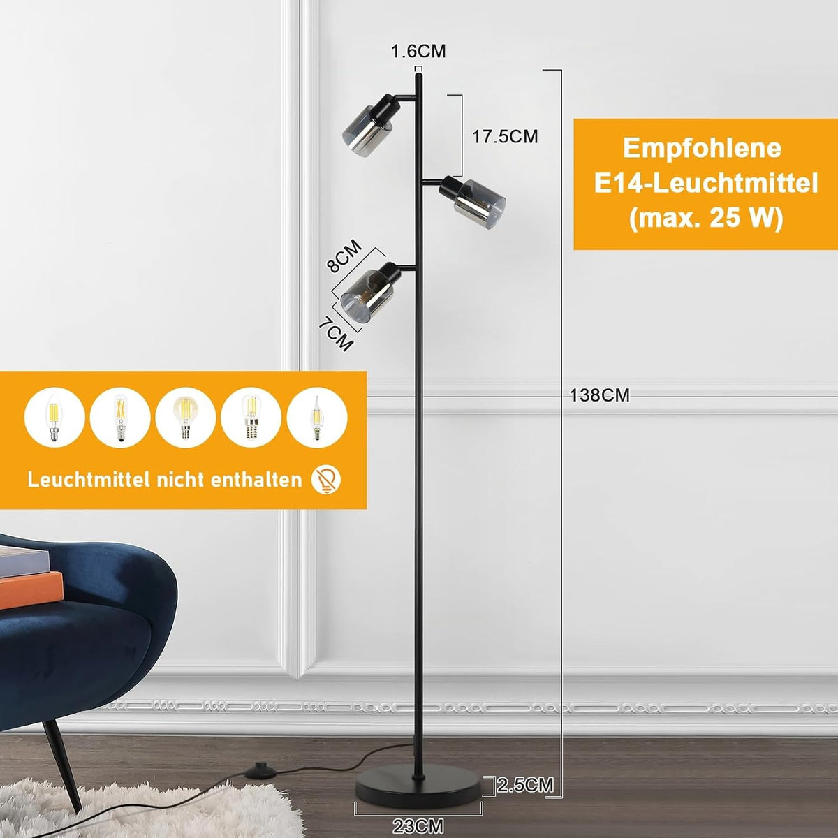 ZMH Stehlampe Vintage Wohnzimmer Schwarz: Stehleuchte Industrial