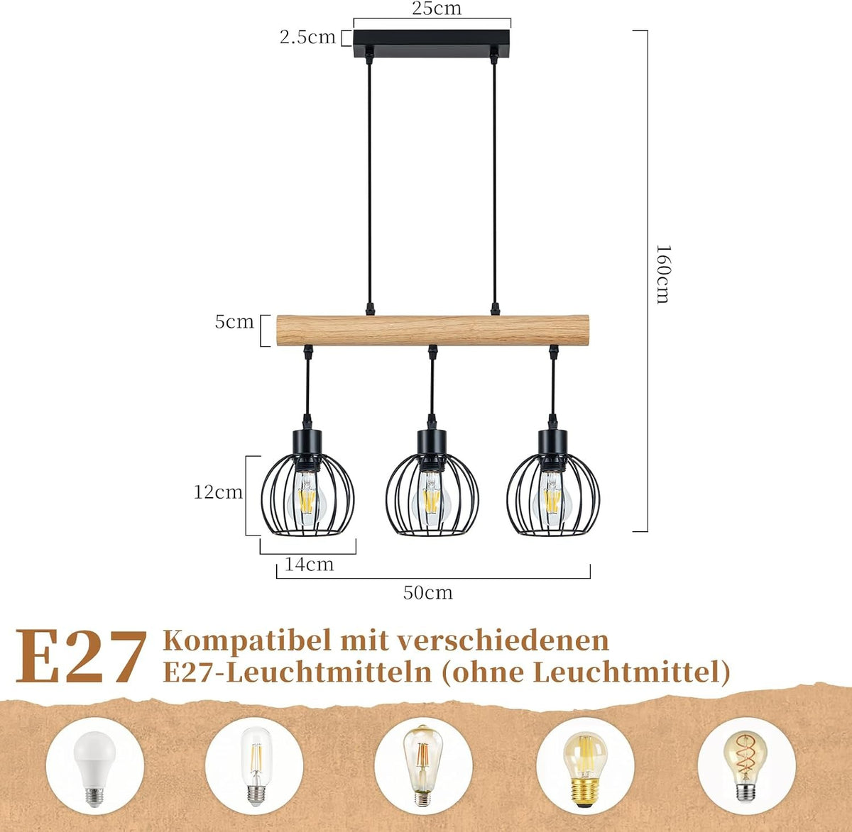 ZMH Pendelleuchte esstisch Holz Vintage E27 Hängelampe 3 flammig Industrial