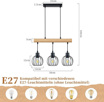 ZMH Pendelleuchte esstisch Holz Vintage E27 Hängelampe 3 flammig Industrial