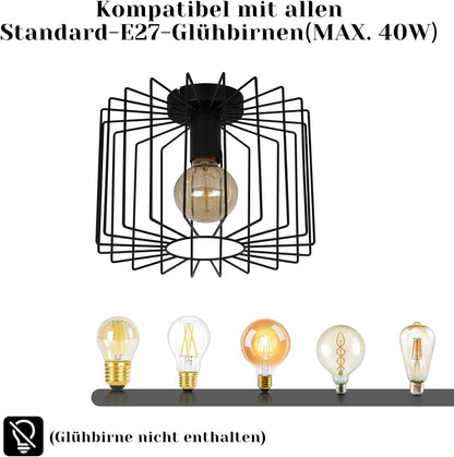 ZMH Deckenlampe Flur Deckenleuchte Vintage: Schwarz Metall Flurlampe Decke E27 Käfig Küchenlampe Retro Ø27CM Industrial Innen Deckenbeleuchtung für Küche Schlafzimmer Wohnzimmer Balkon Eingang