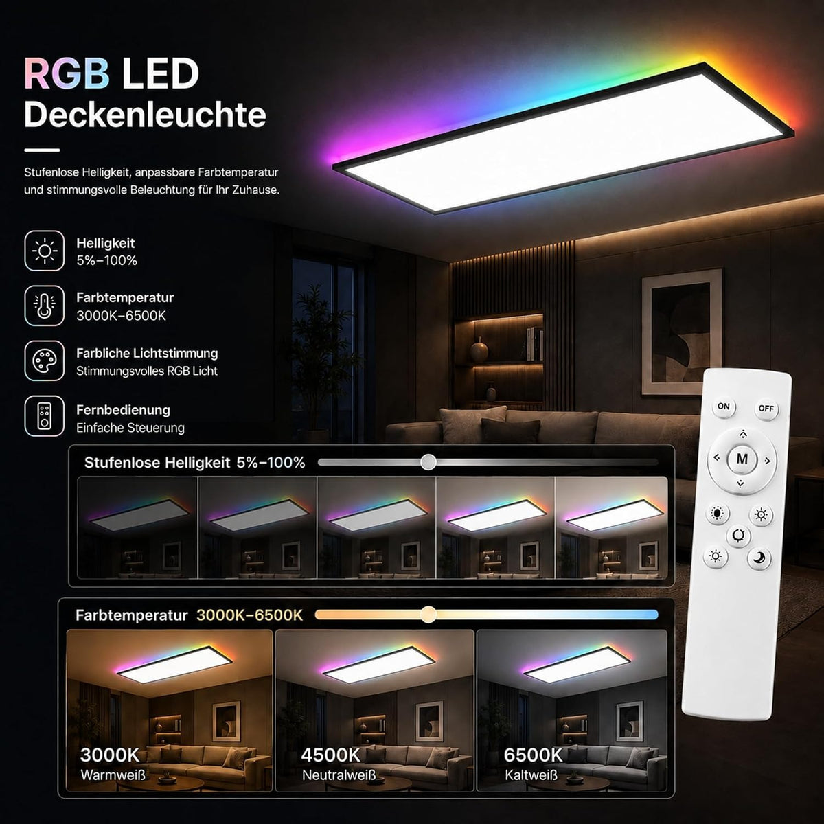 ZMH LED Panel 120x30 Cm Schwarz, LED Deckenleuchte 36 W, Deckenlampe Wohnzimmer