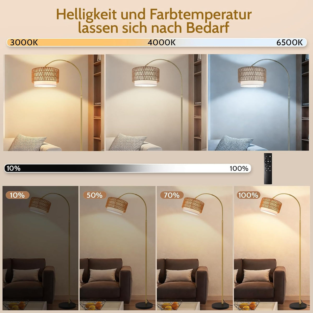 ZMH Gold Bogenlampe Wohnzimmer boho Stehlampe Rattan 3000K - 6500K