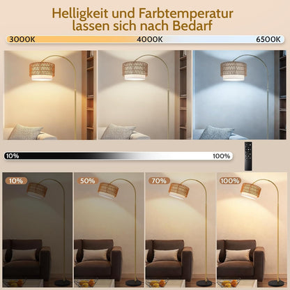 ZMH Gold Bogenlampe Wohnzimmer boho Stehlampe Rattan 3000K - 6500K