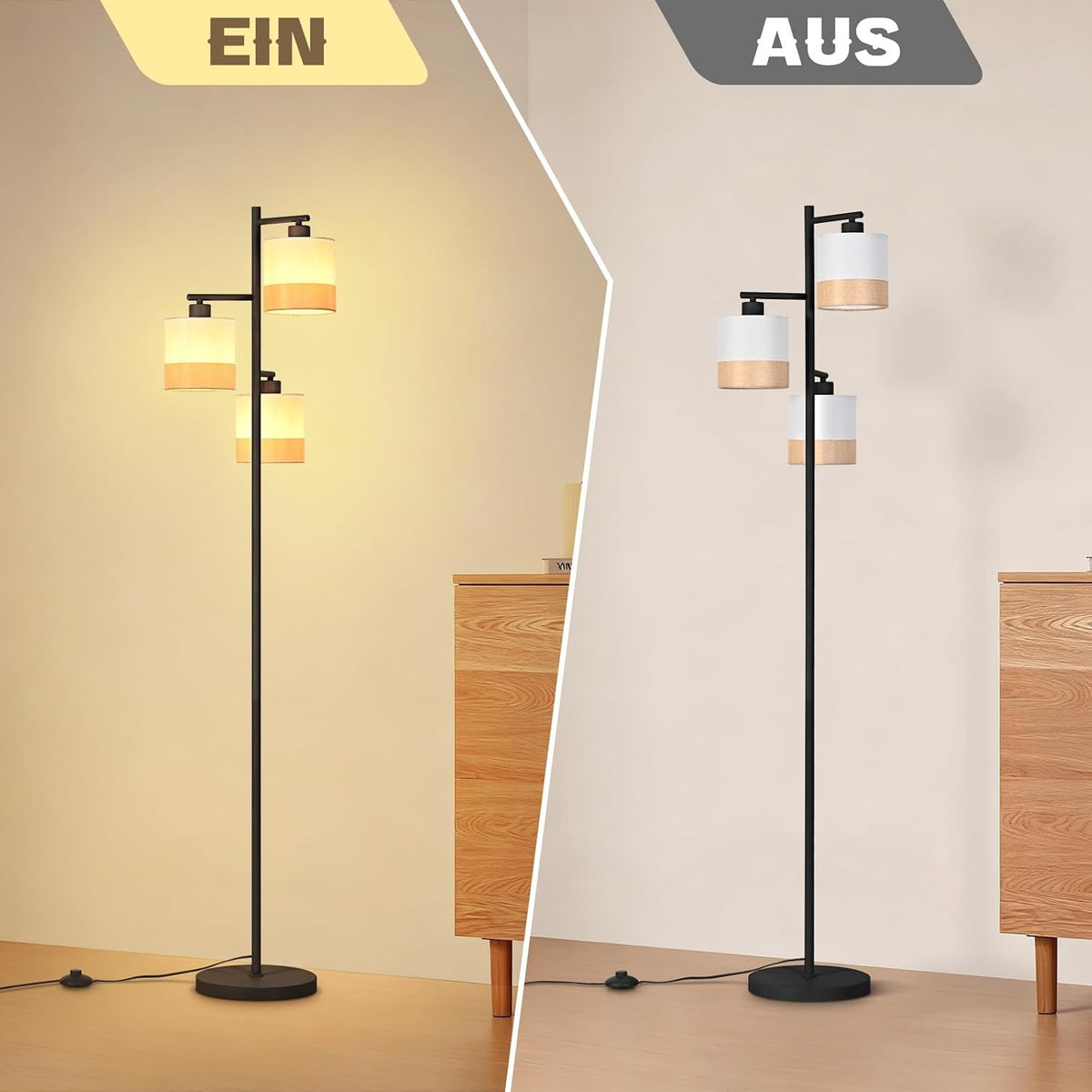 ZMH Stehlampe Wohnzimmer Stehleuchte Vintage Stoff Standlampe 3 Flammig