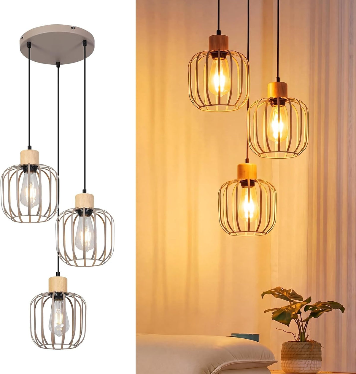 Pendelleuchte Holz Esszimmer 3-1 flammig Esstisch Modern Hängelampe