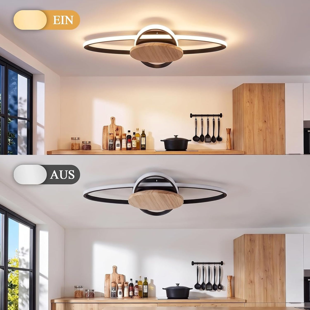 ZMH Deckenlampe LED Holz Deckenleuchte Wohnzimmer 37W Schwarz Küchenlampe